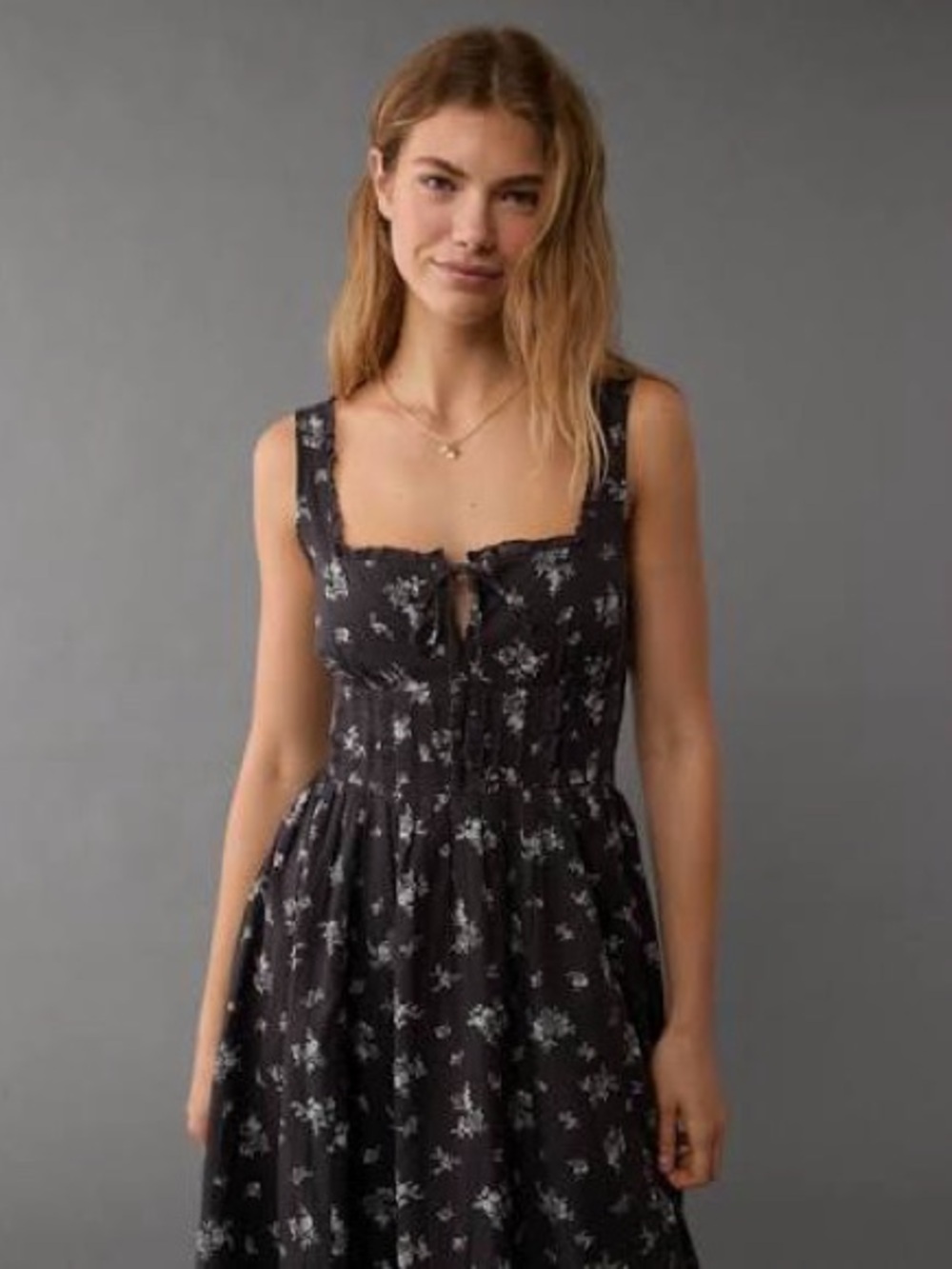 American Eagle Outfitters Black Floral Midi with Tie Front
